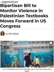 Algemeiner screenof Bipartisan Bill to Monitor Violence in Palestinian Textbooks-US Congress