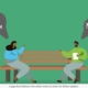 Image: Animated photo of two people sitting in a park bench, with text bubbles of arabic phrases written in phonetic Hebrew